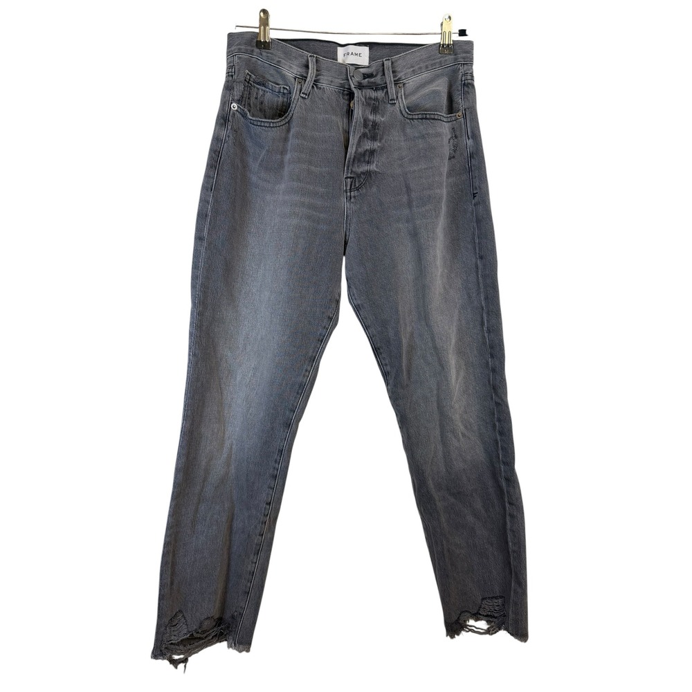 Frame Le Original High Rise Straight Leg Jeans Grey Distressed Raw Hem Size 28